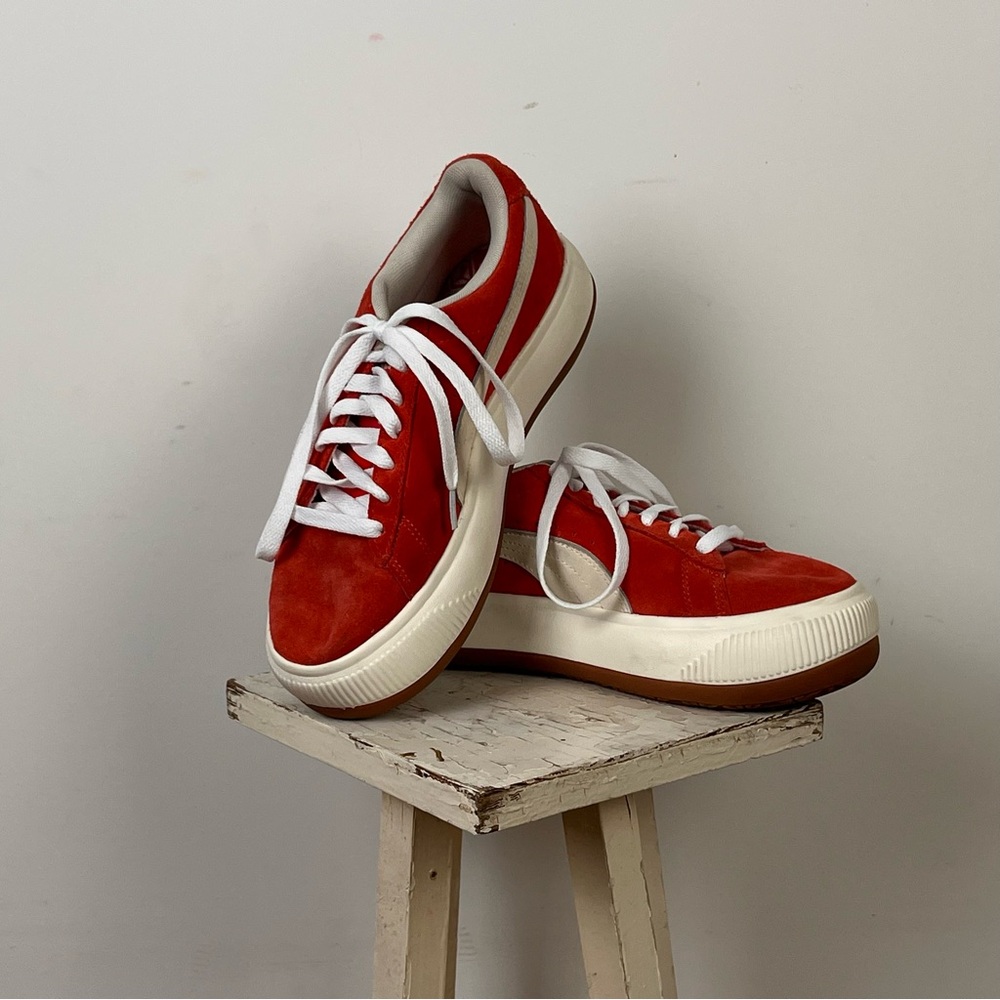 PUMA Burnt Orange and White Rétro Chunky Leather Sneakers